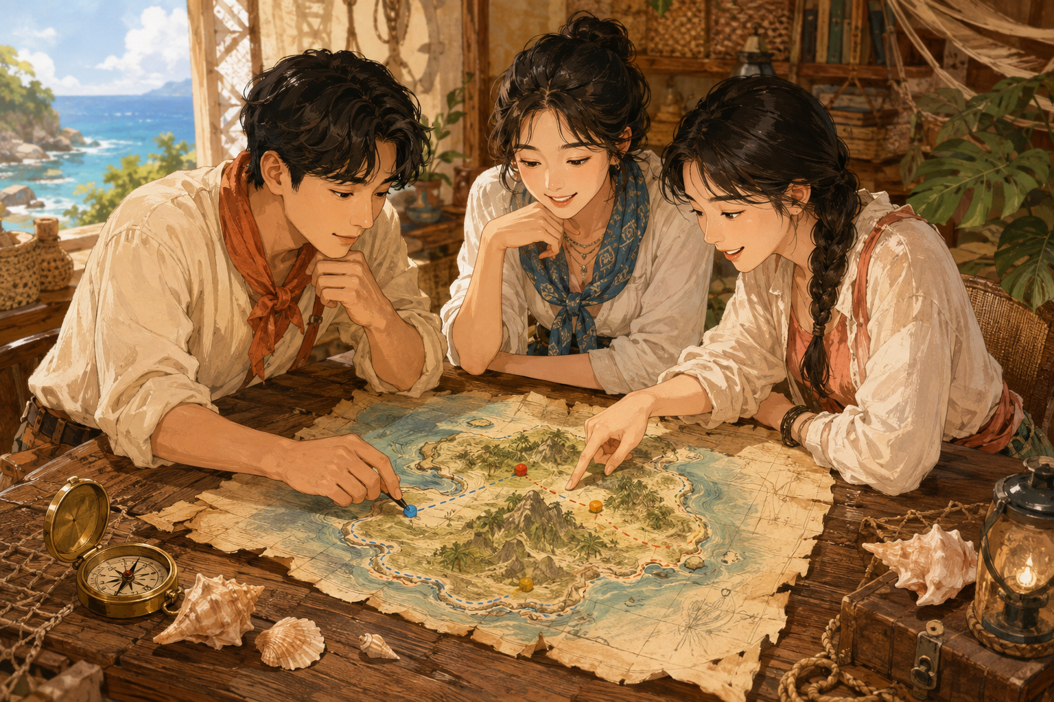 가상의 섬 지도를 살펴보는 사람들